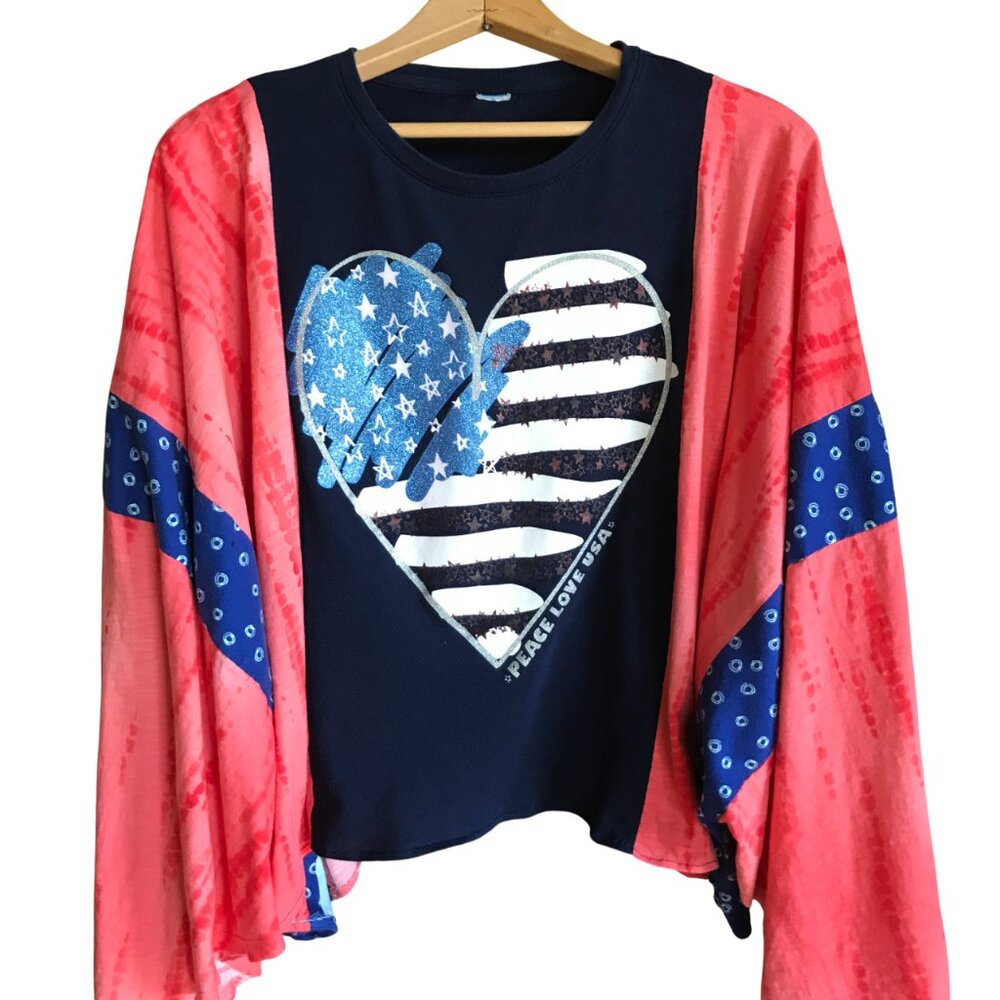 Upcycled Patriotic Poncho T-Shirt, Oversized Handmade Cropped Tunic, Fits L - 4X